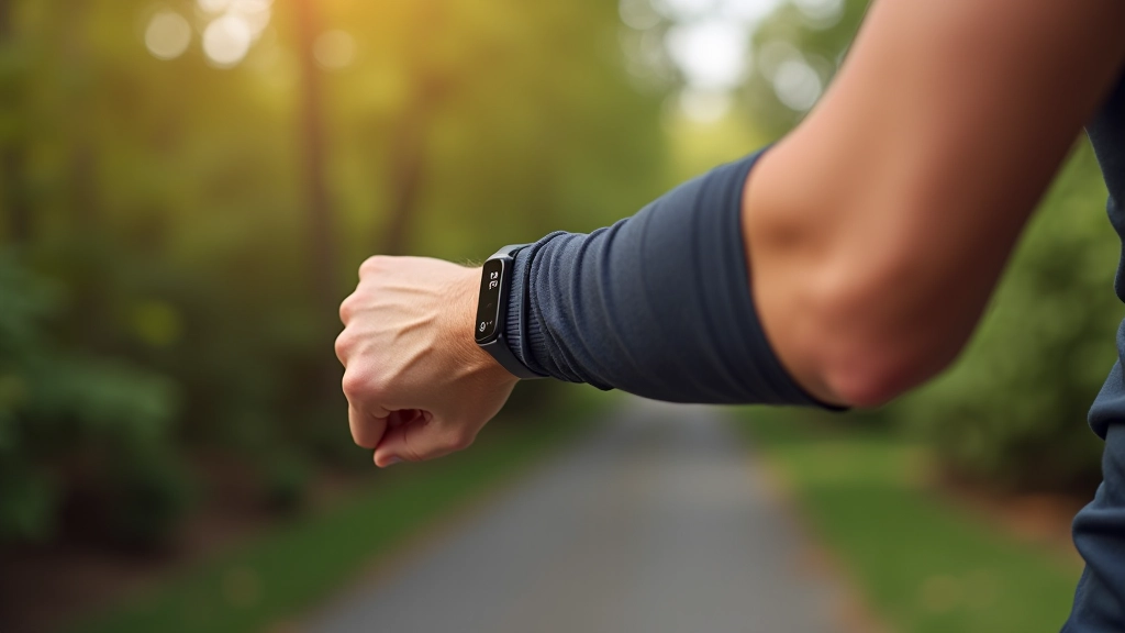 Fitness tracker on wrist showing step count during outdoor walking activity