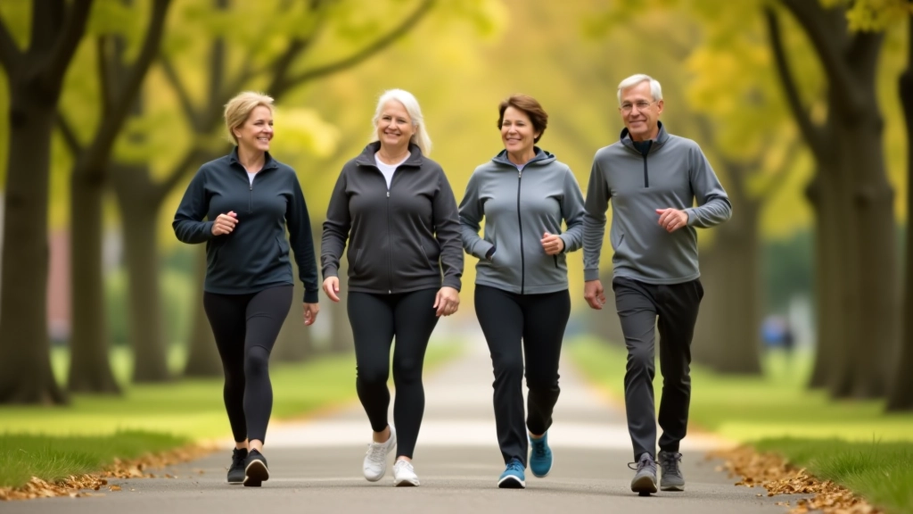 Group of four older adults walking together on a park trail in morning light