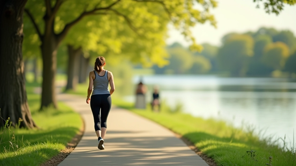 Midwest lakeside walking trail with calm water views, tree-lined paved path, and clear visibility extending into distance under natural lighting