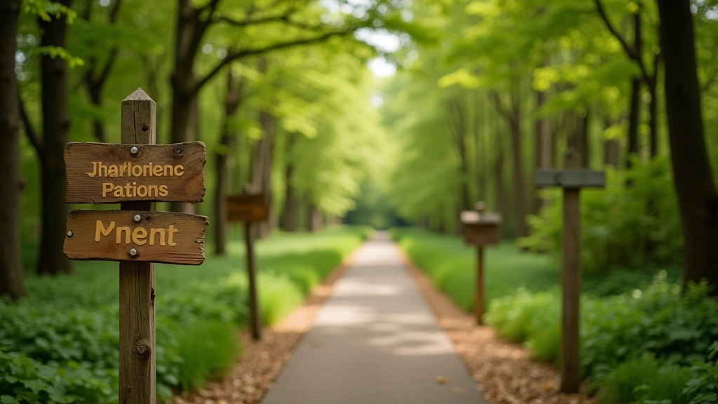 Scenic park trail with wooden pathway through natural landscape
